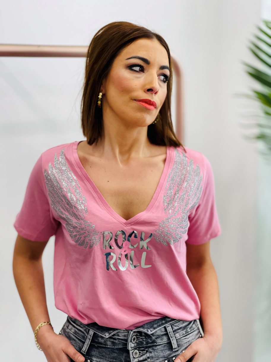 Camiseta Alas Plata Rock Rosa